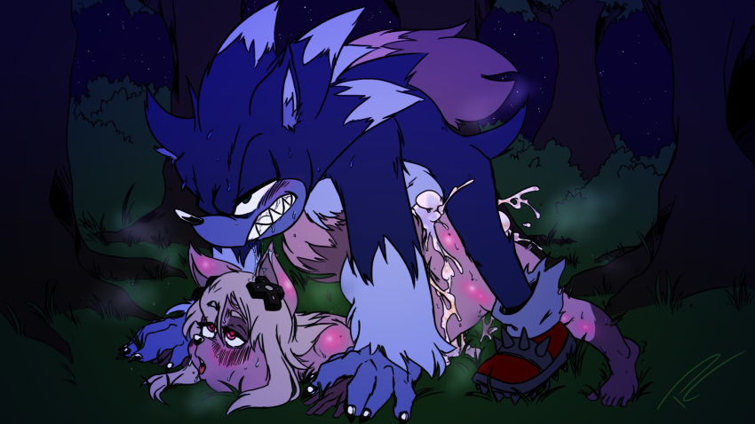 16:9 all_fours anthro blush cum_overflow doggystyle duo eulipotyphlan female forest from_behind_position hi_res male male/female mammal night nude outside pleasure_castle sex size_difference sonic_the_hedgehog_(series) sonic_the_werehog sonic_unleashed tree were wereeulipotyphlan werehog widescreen