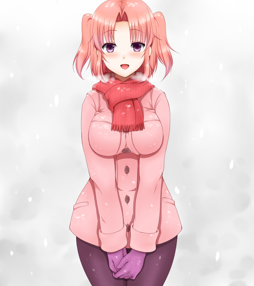 1girl bangs black_legwear blush breasts breath coat eyebrows_visible_through_hair gloves highres impossible_clothes large_breasts long_sleeves looking_at_viewer mikakunin_de_shinkoukei open_mouth pantyhose parted_bangs pink_coat pink_hair purple_eyes purple_gloves red_scarf scarf short_hair short_twintails smile snowing solo twintails twintails_day yonomori_kobeni yue_(show-ei)