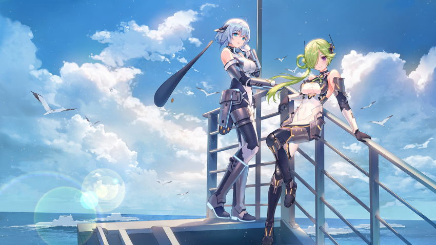 2girls animal aniya_jung_(girl_cafe_gun) bare_shoulders bird black_gloves blue_eyes blue_sky bodysuit boots breasts cloud cloudy_sky criin day elbow_gloves gauntlets girl_cafe_gun gloves green_hair hair_over_one_eye hair_rings highres knee_boots large_breasts lens_flare long_hair looking_at_viewer mechanical_boots military military_vehicle multiple_girls nie_shirou_(girl_cafe_gun) ocean outdoors purple_eyes revealing_clothes revision see-through ship short_hair side_ponytail silver_hair sky standing sunlight thigh_boots thighhighs warship watercraft wide_shot