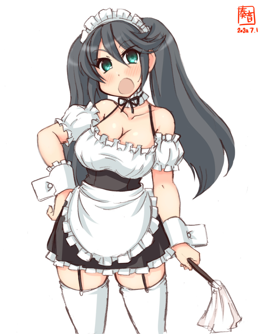 1girl alternate_costume apron aqua_eyes artist_logo black_skirt blouse breasts cleavage commentary_request cowboy_shot dated detached_collar duster enmaided frilled_apron frilled_blouse frills garter_straps grey_hair hand_on_hip highres isuzu_(kantai_collection) kanon_(kurogane_knights) kantai_collection large_breasts long_hair looking_at_viewer maid maid_headdress open_mouth simple_background skirt solo suspender_skirt suspenders thighhighs twintails waist_apron white_apron white_background white_blouse white_legwear