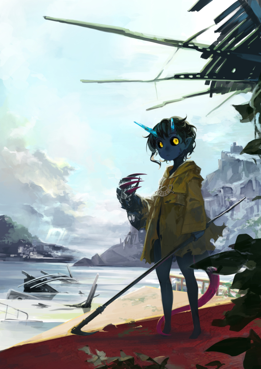 1other ambiguous_gender beach black_hair black_sclera blue_skin blue_sky broken_horn city claw_(weapon) closed_mouth cloud cloudy_sky forest highres holding holding_weapon hood hood_down horns jewelry light_rays monster moss mountain nature necklace original outdoors plant pointy_ears raincoat ruins scratches sky standing tail torn_clothes tree water weapon wreckage yellow_eyes yunar
