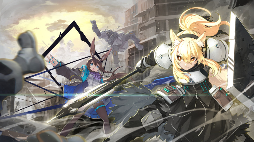 2girls 2others absurdres amiya_(arknights) animal_ear_fluff animal_ears arknights armor battle black_hairband black_jacket blue_eyes broken broken_wall brown_eyes brown_hair building closed_eyes closed_mouth cloud cloudy_sky crack cracked_wall eyebrows_visible_through_hair glaive hair_between_eyes hairband highres holding holding_weapon jacket jewelry lens_flare long_hair multiple_girls multiple_others nearl_(arknights) open_mouth outdoors pauldrons ponytail ring rubble ruins scratches shield shoulder_armor sky smoke standing teeth telephone_pole torn_clothes upper_body vial weapon yunar zipper zipper_pull_tab