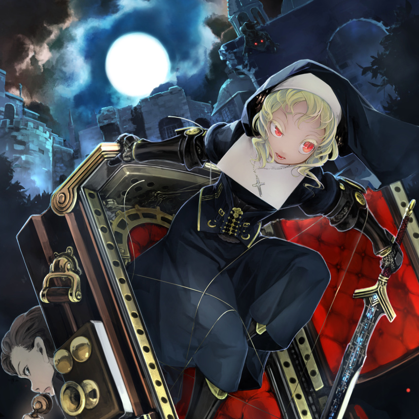 1boy 1girl armor blonde_hair blue_eyes brown_hair castle cloud cloudy_sky coffin cross cross_necklace fangs fog gauntlets glowing glowing_eyes highres holding holding_phone holding_sword holding_weapon jewelry knight long_hair looking_back monster moon necklace night night_sky nun open_mouth original outdoors phone red_eyes sky slit_pupils steampunk sword teeth tree vampire weapon yunar