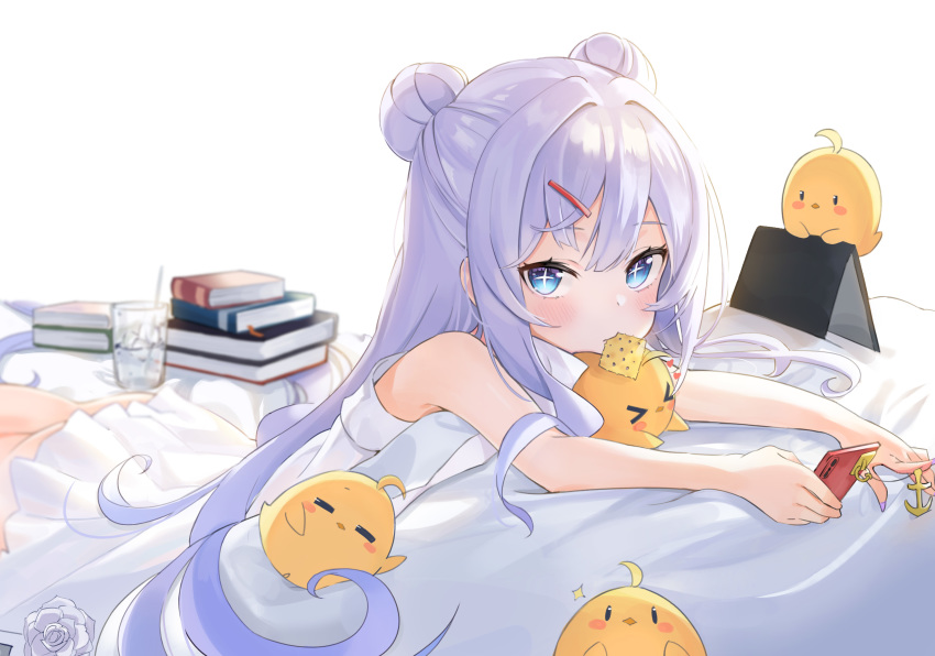 +_+ 1girl absurdres azur_lane bare_shoulders blue_eyes blush book cellphone closed_eyes cookie cracker double_bun dress eyebrows_visible_through_hair food glass hair_between_eyes hair_ornament hairclip highres le_malin_(azur_lane) long_hair looking_at_viewer manjuu_(azur_lane) mint_(psmin30) mouth_hold phone sidelocks silver_hair simple_background sitting sleeping smartphone symbol-shaped_pupils very_long_hair white_background white_dress