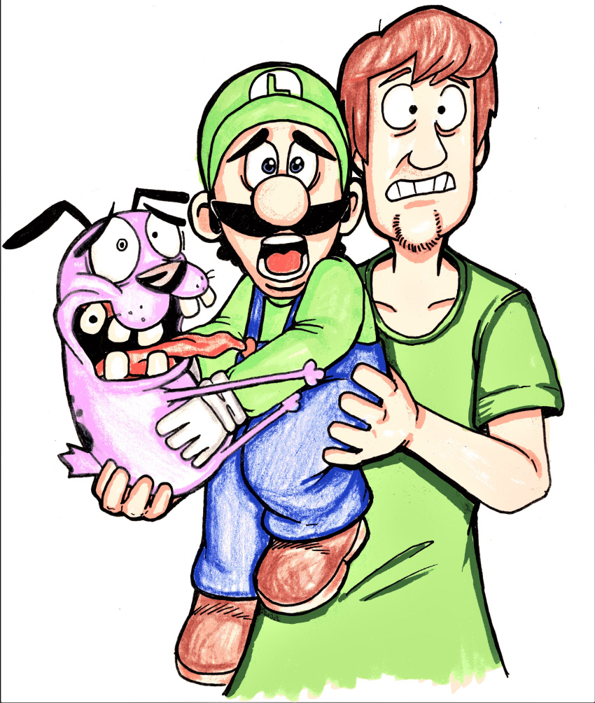 absurd_res canid canine canis cartoon_network clothed clothing courage_the_cowardly_dog courage_the_cowardly_dog_(character) crossover domestic_dog group hanna-barbera hi_res human inktober luigi luigi's_mansion male mammal mario_bros nintendo scared scooby-doo_(series) shaggy_rogers toy_dog video_games