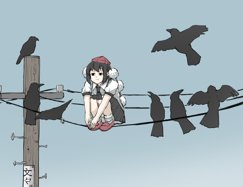 &lt;o&gt;_&lt;o&gt; 1girl bangs bird black_eyes black_feathers black_hair black_neckwear black_skirt black_wings closed_mouth collarbone crow eyebrows_visible_through_hair hat highres looking_away outdoors peroponesosu. pointy_ears pom_pom_(clothes) red_footwear red_headwear shameimaru_aya shirt short_hair short_sleeves simple_background sitting skirt sky socks telephone_pole tokin_hat touhou white_legwear white_shirt wings