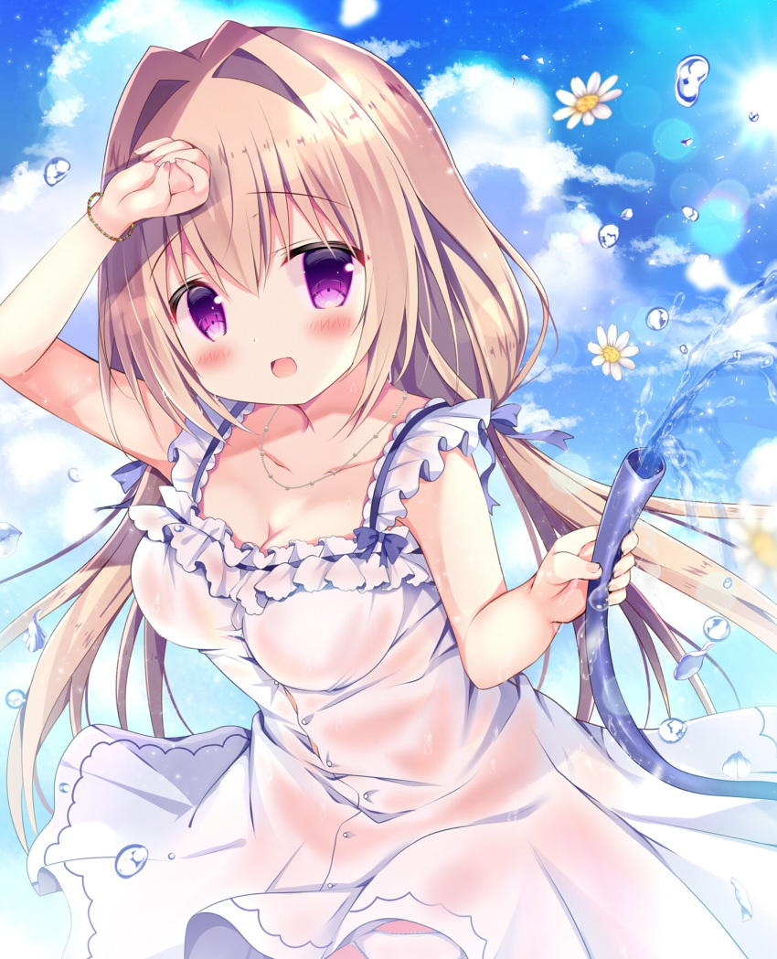 1girl :d arm_up azumi_kazuki bangs bare_arms bare_shoulders blue_bow blue_sky blush bow breasts brown_hair cleavage cloud cloudy_sky collarbone commentary_request day dress eyebrows_visible_through_hair flower frilled_dress frills hair_between_eyes hair_bow hair_intakes highres holding holding_hose hose jewelry long_hair looking_at_viewer low_twintails medium_breasts necklace open_mouth original outdoors purple_eyes sky sleeveless sleeveless_dress smile solo twintails very_long_hair water white_dress white_flower