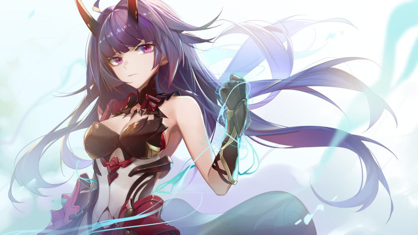 1girl absurdres bangs bare_shoulders black_gloves blunt_bangs breastplate breasts cleavage clenched_hand commentary electricity floating_hair gloves high_collar highres honkai_(series) honkai_impact_3rd horns long_hair looking_at_viewer medium_breasts oni_horns purple_eyes purple_hair raiden_mei red_pupils shoulder_pads solo very_long_hair xianyu_liang