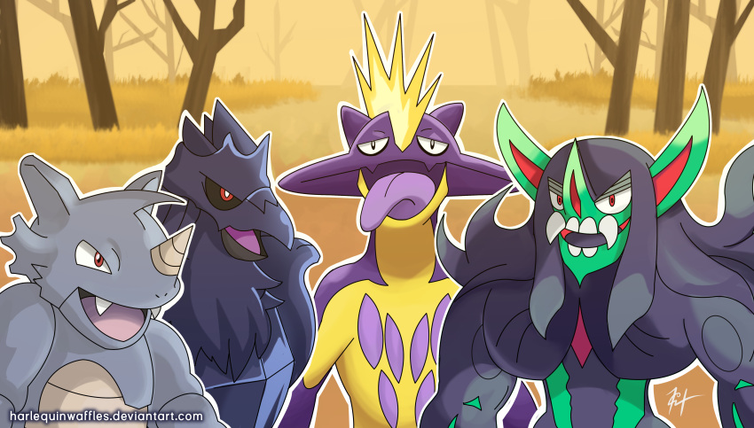 absurdres commentary corviknight deviantart_username english_commentary fangs forest gen_1_pokemon gen_8_pokemon grimmsnarl harlequinwaffles highres looking_at_viewer me_and_the_boys meme nature no_humans open_mouth outdoors pokemon pokemon_(creature) rhydon signature spider-man_(series) tongue tongue_out toxtricity toxtricity_(amped) tree upper_body watermark web_address