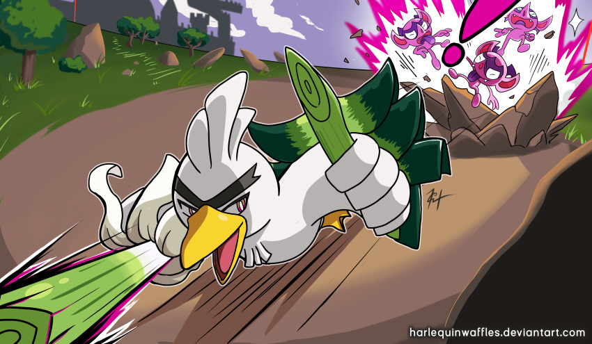 absurdres action attack battle bird castle commentary deviantart_username duck english_commentary fangs forest gen_8_pokemon grass harlequinwaffles highres holding_spring_onion impidimp looking_at_viewer nature no_humans open_mouth outdoors pokemon pokemon_(creature) red_eyes road signature sirfetch'd speed_lines spring_onion tongue tongue_out tree watermark web_address