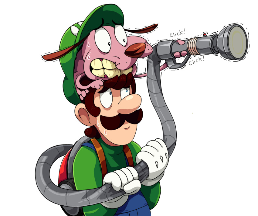 canid canine canis cartoon_network clothing courage_the_cowardly_dog courage_the_cowardly_dog_(character) crossover domestic_dog duo facial_hair feral floppy_ears gloves handwear human luigi luigi's_mansion male mammal mario_bros nintendo scared scittykitty simple_background sound_effects vacuum_cleaner video_games