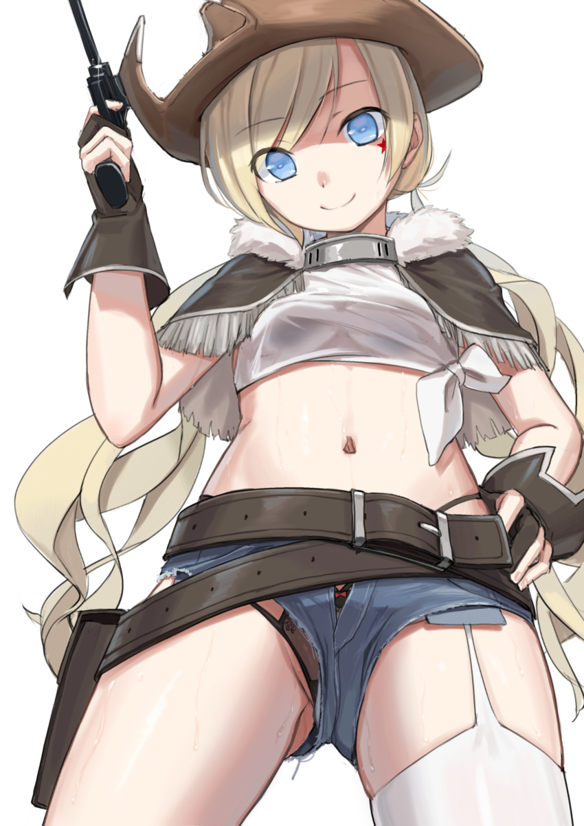 1girl absurdres bangs belt beltskirt black_panties blonde_hair blue_eyes blue_shorts brown_gloves brown_headwear colt_m1873_(girls_frontline) colt_single_action_army cowboy_hat denim denim_shorts eyebrows_visible_through_hair facial_mark finger_on_trigger from_below girls_frontline gloves gun hand_on_hip handgun hat highleg highleg_panties highres holding holding_gun holding_weapon holster kuro_(zhurunbo1997) long_hair midriff navel open_fly panties panties_under_shorts pantyshot revolver short_shorts shorts single_thighhigh smile solo star_(symbol) swept_bangs thighhighs twintails underwear upshorts weapon white_legwear