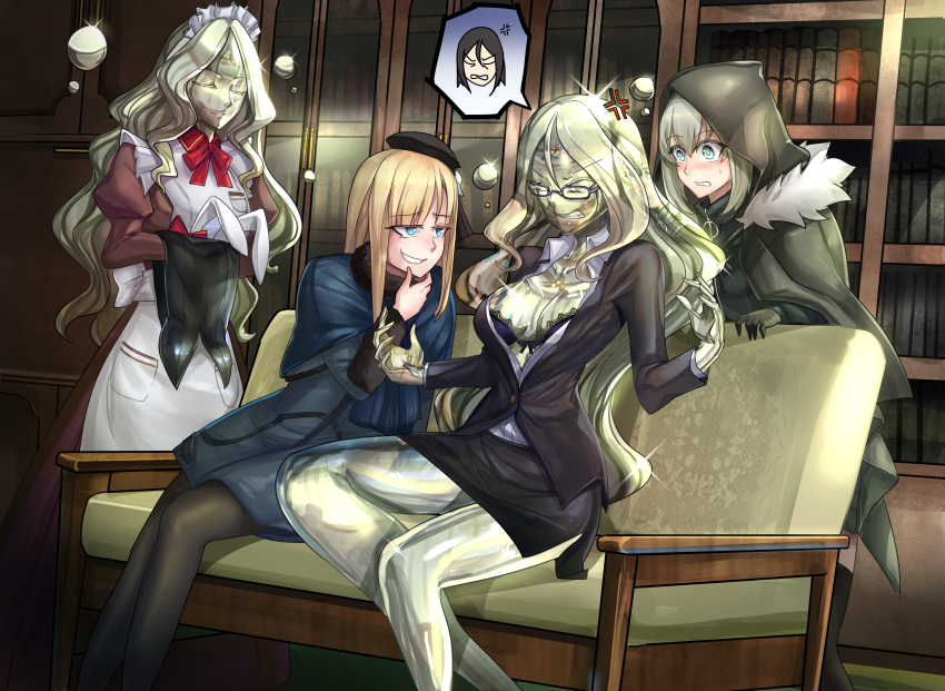 4girls absurdres anger_vein animal_ears black_headwear black_skirt blue_coat blue_jacket breasts brown_gloves bunny_ears bunnysuit cape cloak coat fate/grand_order fate_(series) formal fur-trimmed_cloak fur_trim genderswap genderswap_(mtf) gloves golem gray_(lord_el-melloi_ii) grey_cape grey_flower grey_rose grey_skin highres hood hooded hooded_cape hooded_cloak huge_filesize ibenz009 jacket long_hair lord_el-melloi_ii lord_el-melloi_ii_case_files maid mercury_(element) miniskirt multiple_girls office_lady older pencil_dress pencil_skirt reines_el-melloi_archisorte skirt skirt_suit suit teacher tilted_headwear trimmau type-moon volumen_hydragyrum waver_velvet