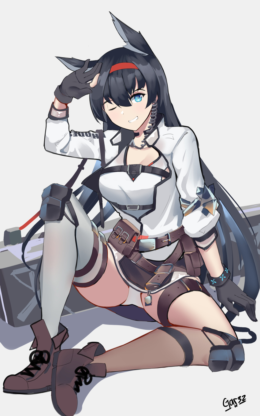 1girl absurdres animal_ears arknights arm_up bangs belt black_gloves black_hair black_skirt blaze_(arknights) blue_eyes boots breasts brown_belt brown_footwear cat_ears commentary gloves grey_background grey_legwear grin hair_between_eyes hairband highres knee_pads knee_up large_breasts long_hair long_sleeves looking_at_viewer microskirt one_eye_closed panties pantyshot pouch red_hairband simple_background single_thighhigh sitting skirt smile solo tegar32 thighhighs thighs underwear very_long_hair white_panties