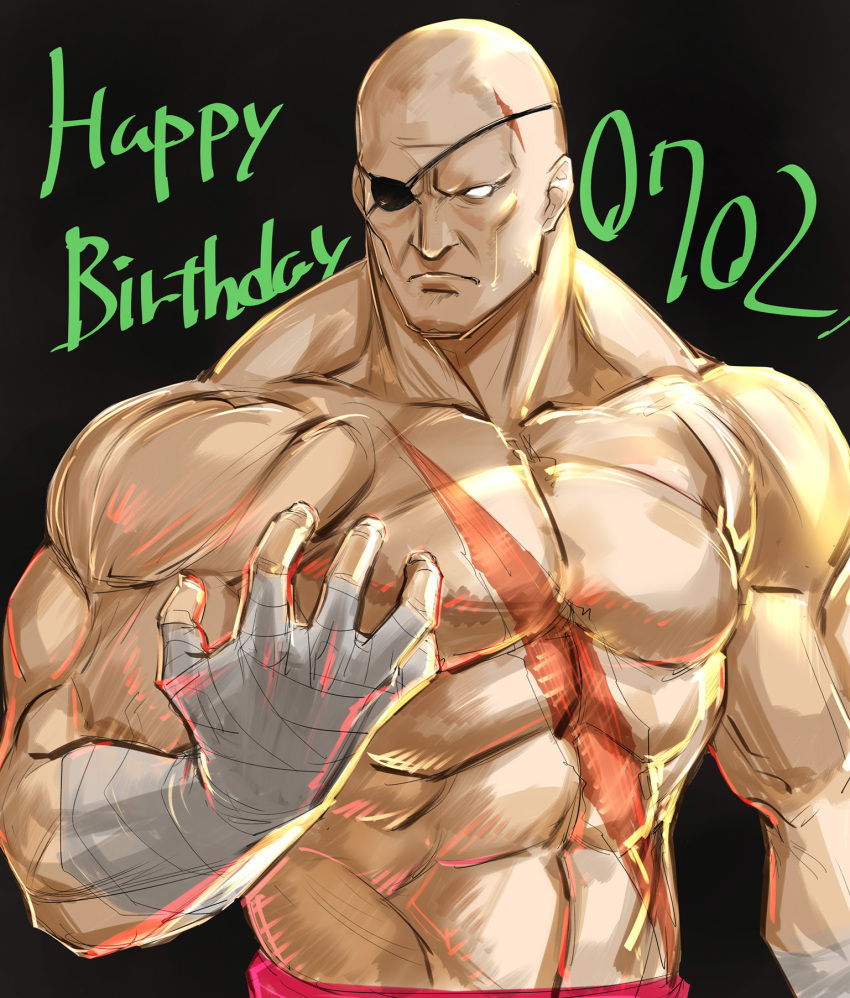 1boy abs bald bandaged_hands bandages black_background eyepatch happy_birthday highres male_focus manly muscle no_pupils one-eyed pectorals sagat scar shirtless solo street_fighter street_fighter_ii_(series) tetsu_(kimuchi)