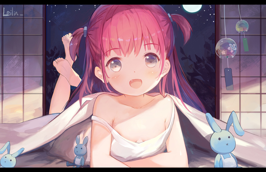 1girl :d :x bangs bare_arms bare_shoulders barefoot blush breasts brown_eyes closed_mouth commentary_request dress eyebrows_visible_through_hair fang feet full_moon indoors katou_umi legs_up leilin letterboxed long_hair looking_at_viewer lying moon night on_stomach open_mouth red_hair revision sleeveless sleeveless_dress small_breasts smile soles solo strap_slip stuffed_animal stuffed_bunny stuffed_toy summer_pockets two_side_up very_long_hair white_dress wind_chime