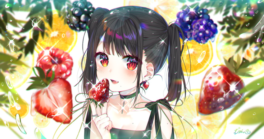 black_hair blush bow choker fang food fruit leaves long_hair orange_(fruit) original red_eyes signed strawberry twintails urim_(paintur) water