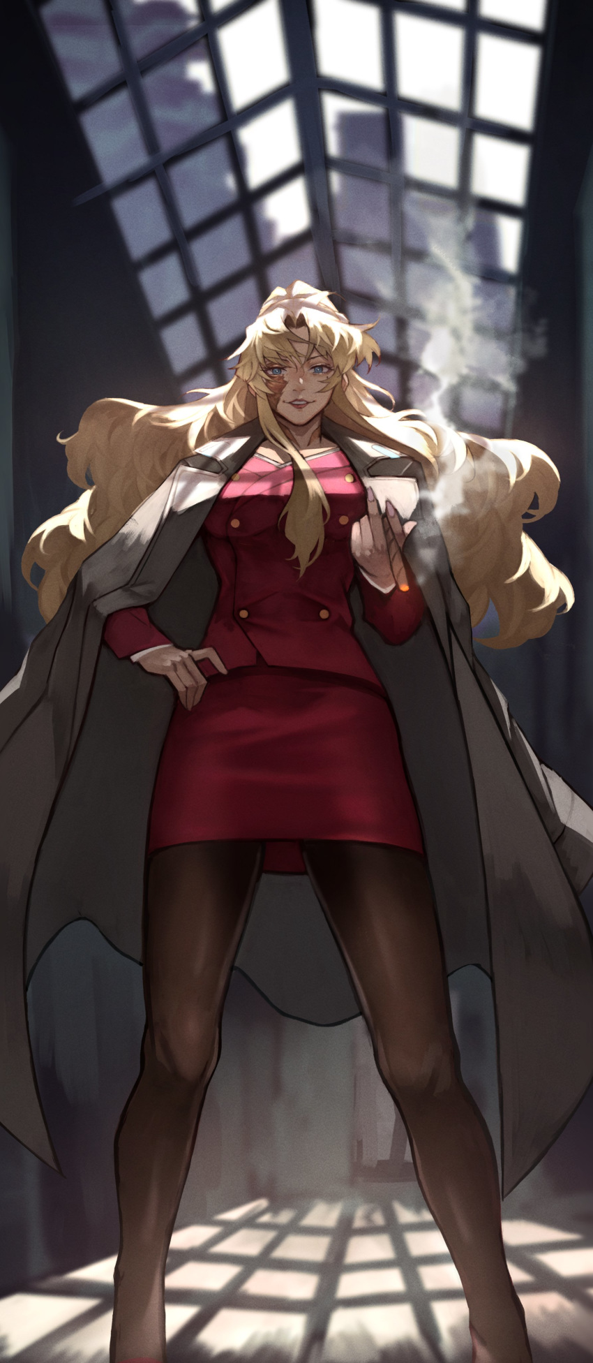 1girl absurdres balalaika_(black_lagoon) bangs black_lagoon black_legwear blonde_hair blue_eyes burn_scar cigar formal from_below grin hand_on_hip highres jacket jacket_on_shoulders long_hair miniskirt pantyhose red_jacket red_skirt scar skirt skirt_suit smile smoke smoking suit window yoshio_(55level)