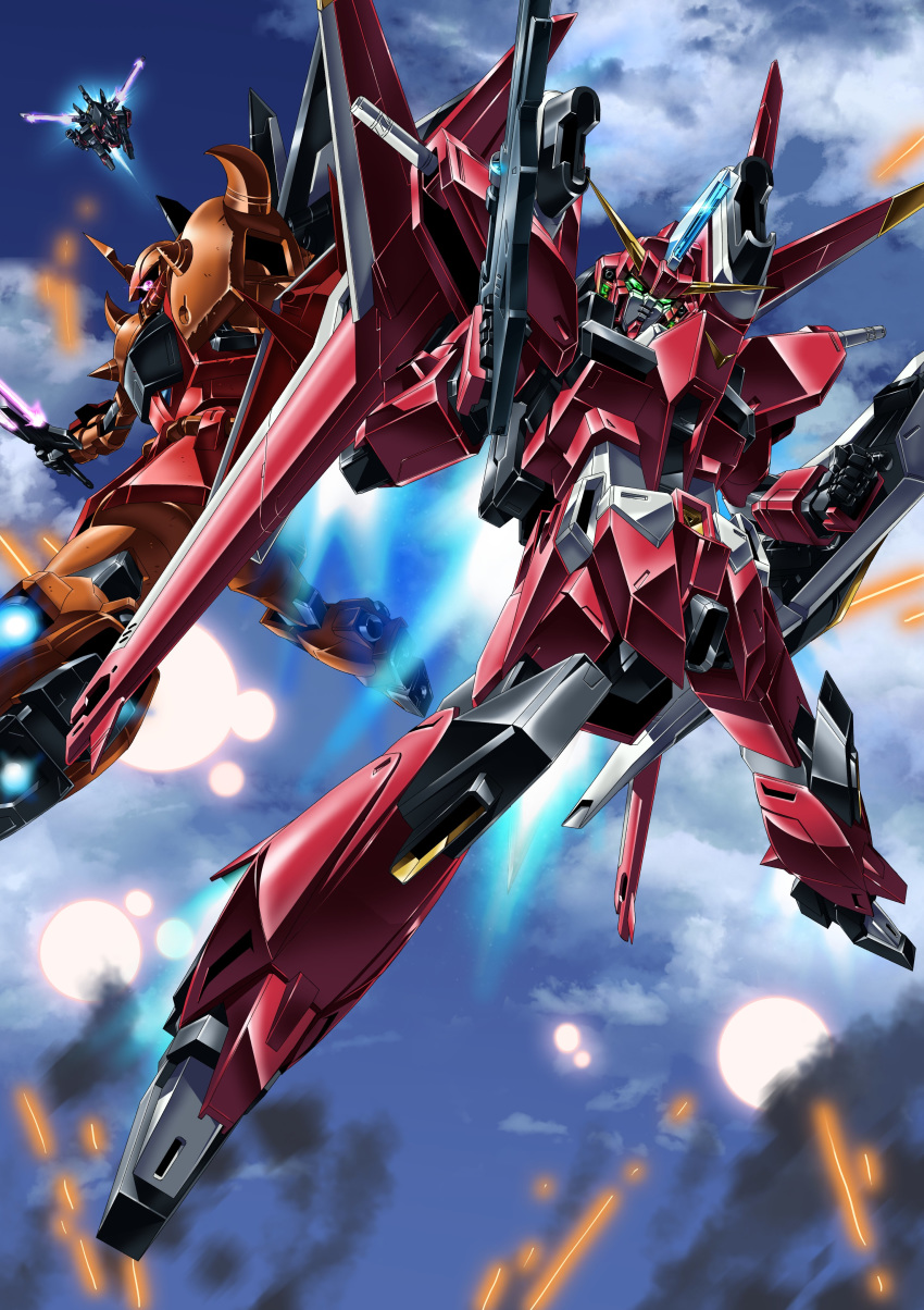 absurdres bucue clenched_hands flying glowing glowing_eyes gouf_ignited green_eyes gundam gundam_seed gundam_seed_destiny highres holding holding_shield holding_sword holding_weapon looking_at_viewer looking_down mecha mechanical_wings no_humans one-eyed paintedmike purple_eyes saviour_gundam shield sword weapon wings