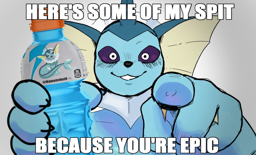 absurd_res ambiguous_fluids ambiguous_gender anthro blush bottle dialogue digital_media_(artwork) edit eeveelution english_text frill_(anatomy) gatorade gesture goonie-san hi_res humor looking_at_viewer meme nintendo pointing pok&eacute;mon pok&eacute;mon_(species) shopped simple_background smile solo text vaporeon video_games what white_eyes