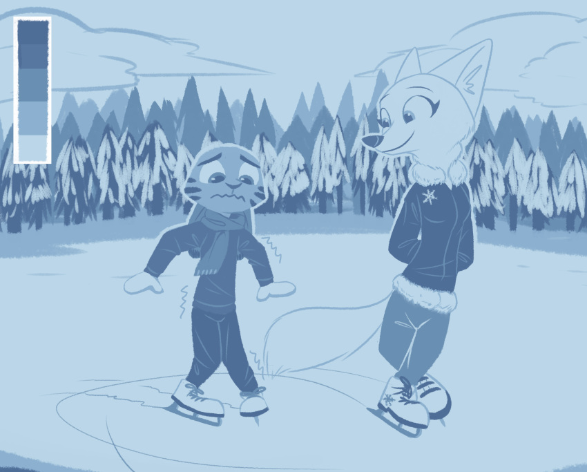 2019 anthro arctic_fox blue_and_white blue_theme bottomwear canid canine clothed clothing cloud color_swatch disney duo facial_markings fox fully_clothed handwear head_markings hi_res ice ice_skates ice_skating inner_ear_fluff jack_savage lagomorph leporid looking_at_another mammal markings mittens monochrome motion_lines outside pants rabbit restricted_palette scarf sky skye_(zootopia) snow sweater theblueberrycarrots topwear tree tuft zootopia