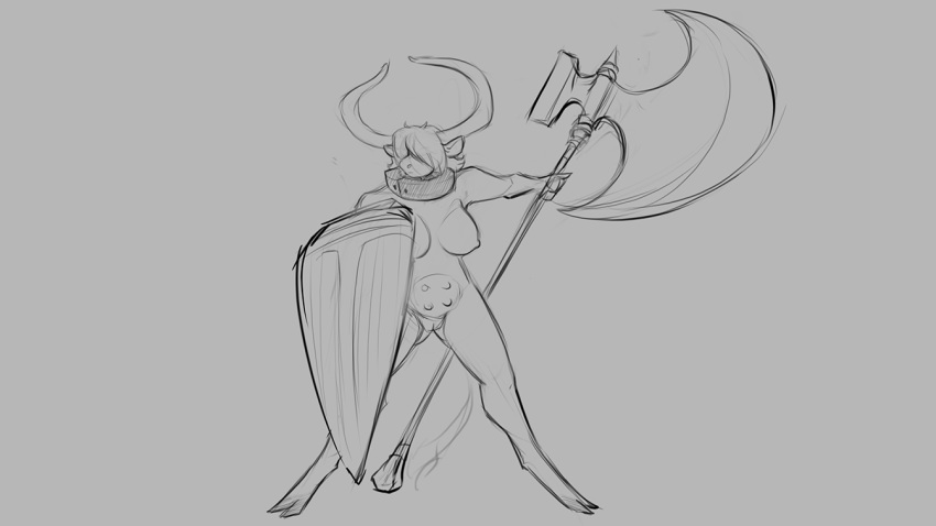 16:9 2020 anthro axe battle_axe big_breasts big_horns bovid bovine breasts cattle fantasy_axe fantasy_weapon female fur genitals grey_background hair hair_over_eye hair_over_eyes horn large_axe large_horn large_weapon mammal melee_weapon monochrome muscular nipples nude one_eye_obstructed pointed_horn pussy shield simple_background solo standing teats udders watsup weapon widescreen