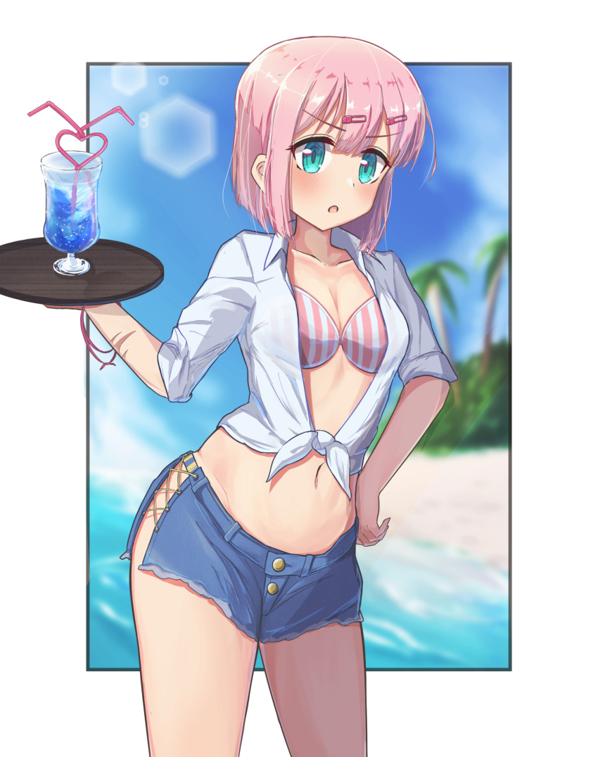 1girl beach blue_eyes chiyoda_momo crazy_straw cup day drinking_straw front-tie_top hand_on_hip heart_straw highres machikado_mazoku navel pink_hair shore short_shorts shorts sky solo suzushi_moruto tray tropical water