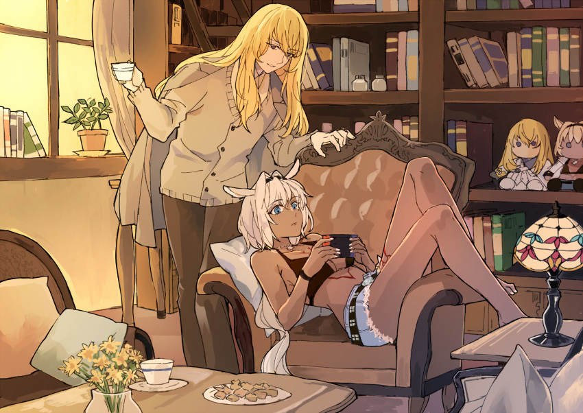 1boy 1girl animal_ears barefoot belt bikini black_headband blonde_hair blue_eyes body_markings book bookshelf breasts brown_pants caenis_(fate) cleavage couch cup curtains cutoffs dark_skin dog_tags fate/grand_order fate_(series) hair_intakes handheld_game_console headband highleg highleg_bikini highres holding holding_cup indoors jacket_on_shoulders kirschtaria_wodime lamp large_breasts living_room long_hair pants pillow reclining standing studded_belt stuffed_toy swimsuit table tan_sweater tattoo tsengyun white_nails window