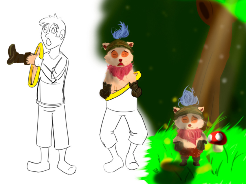 fluffy forest fungus gasp hoop human kuramafurrypaw league_of_legends male mammal msheireushuua mushroom riot_games shrinking size_difference sketch small_(disambiguation) smaller_male solo surprise teemo_(lol) transformation tree video_games yordle