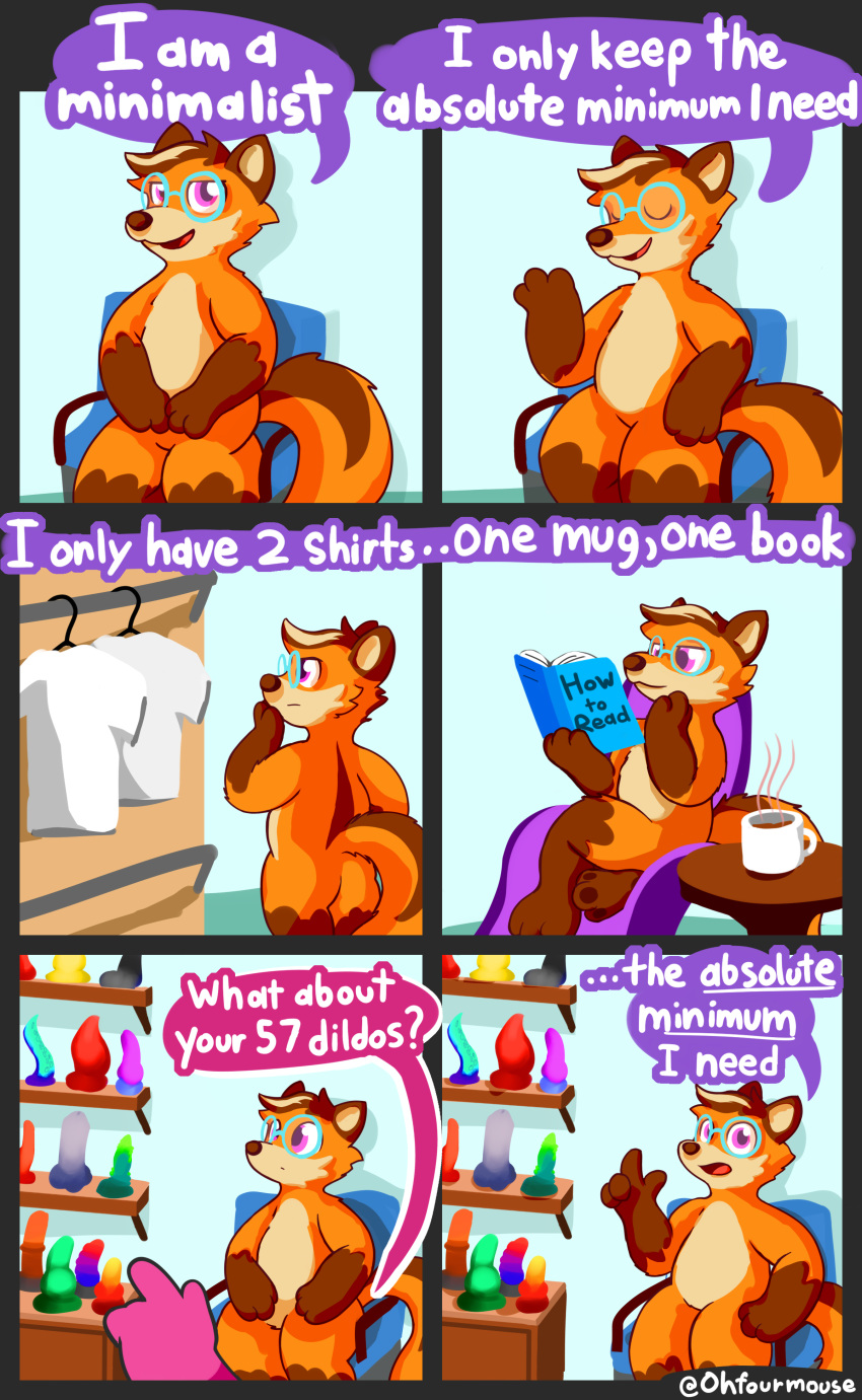 absurd_res beverage book canid canine chair clothing coffee coffee_mug comic dildo english_text fox furniture hanger hi_res mammal ohfourmouse reading sex_toy shelf shirt sitting text topwear