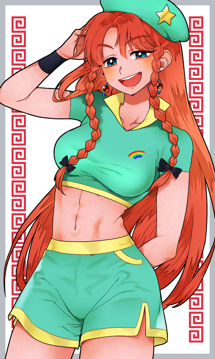 1girl alternate_costume arm_behind_back arm_up bangs blue_eyes border braid breasts bright_pupils commentary cowboy_shot crop_top drop_earrings earrings eyebrows_visible_through_hair flat_cap green_shirt green_shorts grey_border hair_ribbon hand_behind_head hat highres hong_meiling jewelry large_breasts leaning_to_the_side long_hair looking_at_viewer mito_(mo96g) navel open_mouth parted_bangs rainbow_print red_hair ribbon shirt short_sleeves shorts simple_background solo standing star_(symbol) touhou tress_ribbon twin_braids upper_teeth very_long_hair white_background white_pupils