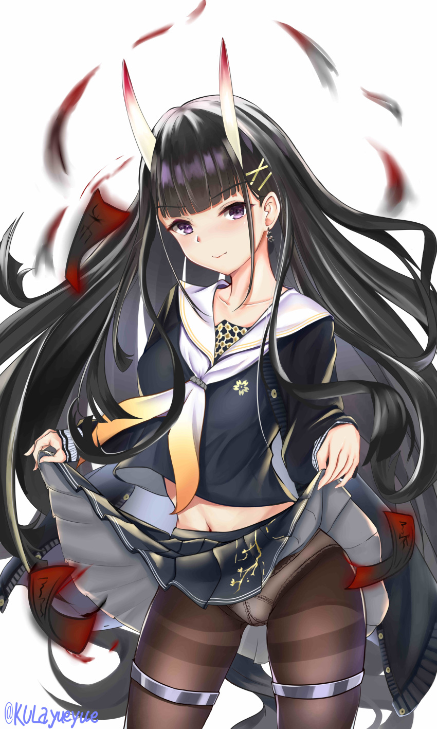 1girl absurdres azur_lane black_hair black_legwear black_shirt black_skirt bow collarbone earrings hair_bow highres horns jewelry kulayueyue lifted_by_self long_hair looking_at_viewer navel necktie noshiro_(azur_lane) panties panties_under_pantyhose pantyhose purple_eyes school_uniform shirt skirt skirt_lift solo underwear white_background white_panties