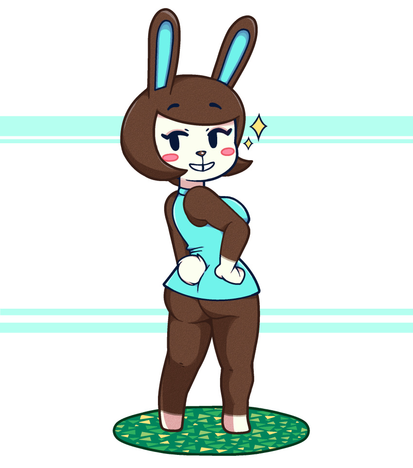 absurd_res animal_crossing anthro blush buckteeth butt carmen_(animal_crossing) clothed clothing female hi_res humanoid lagomorph leporid looking_back mammal nintendo rabbit raflcoopter_(artist) rear_view scut_tail soles solo teeth video_games