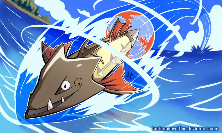 absurdres barraskewda blue_sky cloud cloudy_sky commentary deviantart_username english_commentary fangs fish gen_8_pokemon harlequinwaffles highres jumping no_humans ocean outdoors pokemon pokemon_(creature) signature sky smile speed_lines tree water watermark web_address