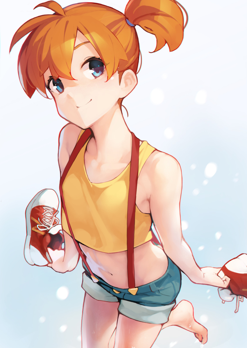 1girl absurdres armpit_crease ataruman bare_arms bare_shoulders barefoot blue_eyes blue_shorts closed_mouth crop_top highres holding kasumi_(pokemon) leg_up long_hair looking_at_viewer midriff navel orange_hair pokemon pokemon_(anime) pokemon_(classic_anime) red_footwear shirt shoes shoes_removed short_shorts shorts side_ponytail sleeveless sleeveless_shirt smile sneakers solo standing stomach suspenders thighs wet yellow_shirt