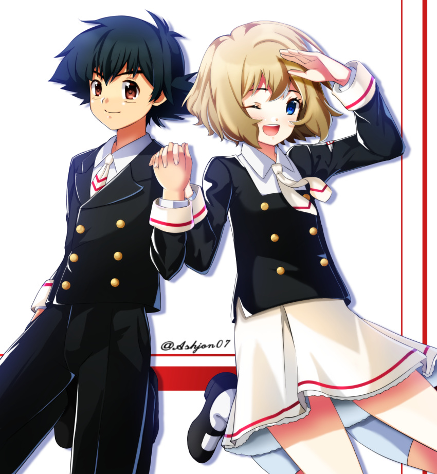 1boy 1girl ;d ashujou black_hair black_jacket black_pants blonde_hair blue_eyes collared_shirt cosplay highres holding_hands interlocked_fingers jacket kinomoto_sakura kinomoto_sakura_(cosplay) kneehighs long_sleeves mary_janes miniskirt necktie no_hat no_headwear one_eye_closed open_mouth pants pokemon pokemon_(anime) pokemon_xy_(anime) satoshi_(pokemon) school_uniform serena_(pokemon) shirt shoes short_hair skirt smile tomoeda_elementary_school_uniform twitter_username white_legwear white_neckwear white_shirt white_skirt wing_collar