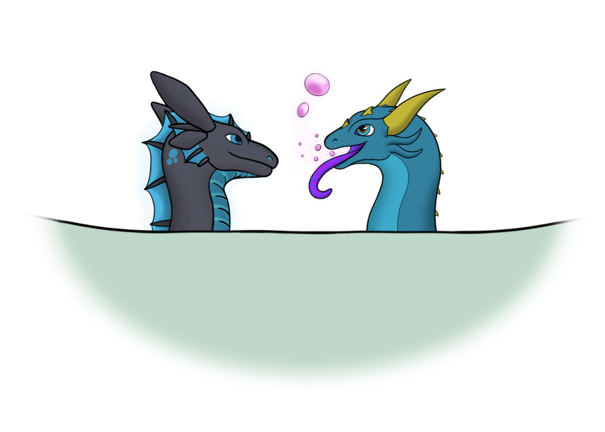 absurd_res alpha_channel ambiguous_gender bath black_body black_scales blue_body blue_eyes blue_scales bubble burping dragon duo feral frill_(disambiguation) hi_res horn iridiu nystemy_(artist) nystemy_(character) purple_tongue scales simple_background tongue tongue_out transparent_background