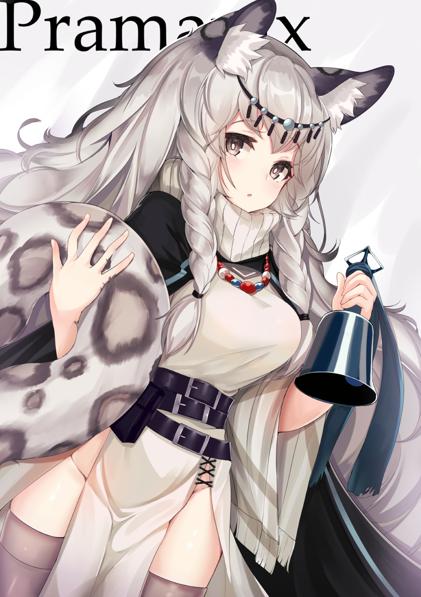 2019 animal_humanoid arknights bell braided_hair breasts clothed clothing felid felid_humanoid female grey_hair hair hi_res holding_object holding_tail humanoid legwear mammal mammal_humanoid pantherine pantherine_humanoid pramanix_(arknights) seeumai snow_leopard_humanoid solo spots thigh_highs