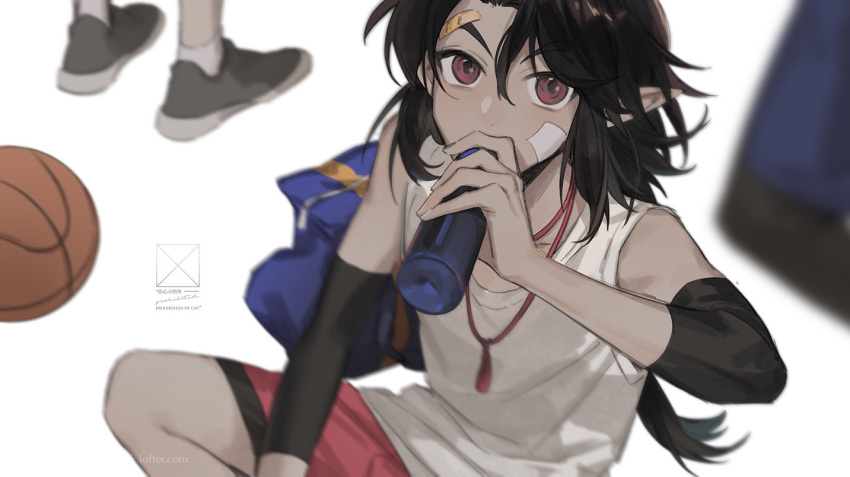 1boy bandaid bandaid_on_forehead basketball bean_mr12 black_hair bottle covering_mouth drinking feet hair_between_eyes lanxi_zhen long_hair pointy_ears purple_eyes red_shorts shorts solo_focus tank_top the_legend_of_luo_xiaohei water_bottle white_background white_tank_top xuan_li_(the_legend_of_luoxiaohei)