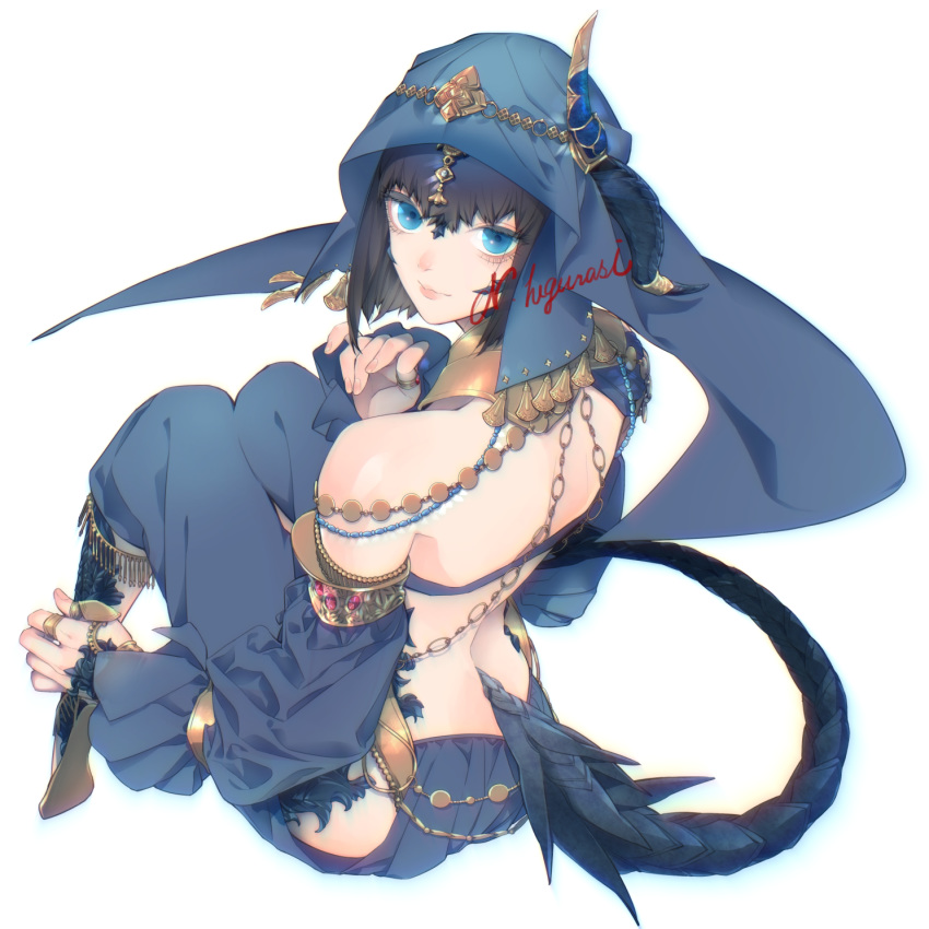 1girl au_ra bare_shoulders black_hair blue_eyes closed_mouth commission dancer_(final_fantasy) dragon_horns dragon_tail final_fantasy final_fantasy_xiv fingernails highres horns jewelry pink_lips ring shiny shiny_skin signature simple_background sitting smile solo tail thumb_ring tobacco_(tabakokobata) white_background