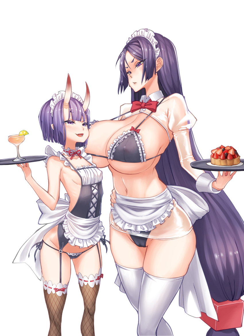 2girls :d alternate_costume apron bai_linqin bangs bare_shoulders bikini black_bikini black_legwear blush bow bowtie breasts cleavage covered_nipples cup detached_collar drinking_glass enmaided eyebrows_visible_through_hair fang fate/grand_order fate_(series) fishnet_legwear fishnets food frills frown hand_on_hip highres horns large_breasts long_hair maid maid_apron maid_headdress minamoto_no_raikou_(fate/grand_order) multiple_girls navel oni oni_horns open_mouth pointy_ears purple_eyes purple_hair short_hair shuten_douji_(fate/grand_order) simple_background small_breasts smile swimsuit tart_(food) teeth thighhighs tray very_long_hair white_background white_legwear wrist_cuffs