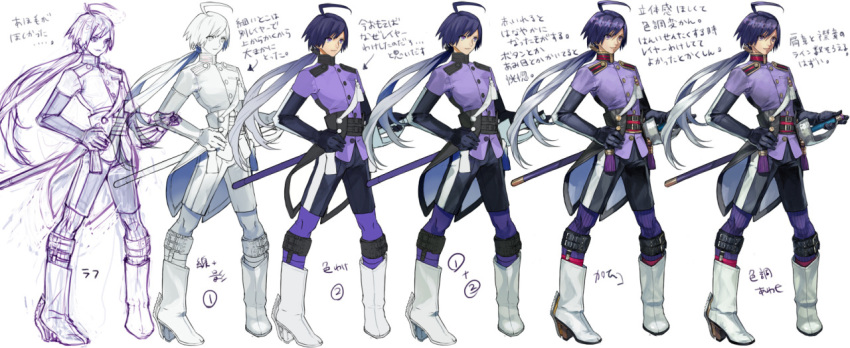 ahoge black_gloves boots buttons elbow_gloves flat_color full_body gloves gradient_hair grey_hair greyscale hand_on_hilt hand_on_hip high_heel_boots high_heels how_to long_hair low_ponytail male_focus military military_uniform monochrome multicolored_hair nishihara_isao original purple_eyes purple_hair sheath sheathed shorts sketch smile sock_garters standing striped striped_legwear sword tassel translation_request uniform vertical-striped_legwear vertical_stripes weapon white_footwear work_in_progress