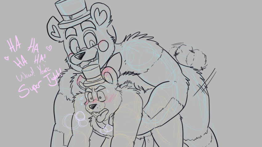 &lt;3 anal anal_penetration animatronic anthro big_dom_small_sub blush bodily_fluids clothed clothing duo ear_blush eyebrows five_nights_at_freddy's freddy_(fnaf) funtime_freddy_(fnafsl) fur guide_lines hat headgear headwear heart_ears icetigerkitten line_art looking_pleasured machine male male/male mammal motion_lines open_mouth partially_clothed penetration pink_text robot round_ears simple_background size_difference sketch source_request sweat sweatdrop tailwag text thick_eyebrows tongue tongue_out top_hat ursid video_games white_background