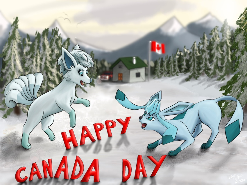 4:3 alolan_vulpix ambiguous_gender blue_body cabin canada_day canada_flag detailed_background duo eeveelution feral glaceon jumping looking_at_another mr_roo_(artist) nintendo open_mouth pok&eacute;mon pok&eacute;mon_(species) regional_form_(pok&eacute;mon) snow text tree video_games white_body winter
