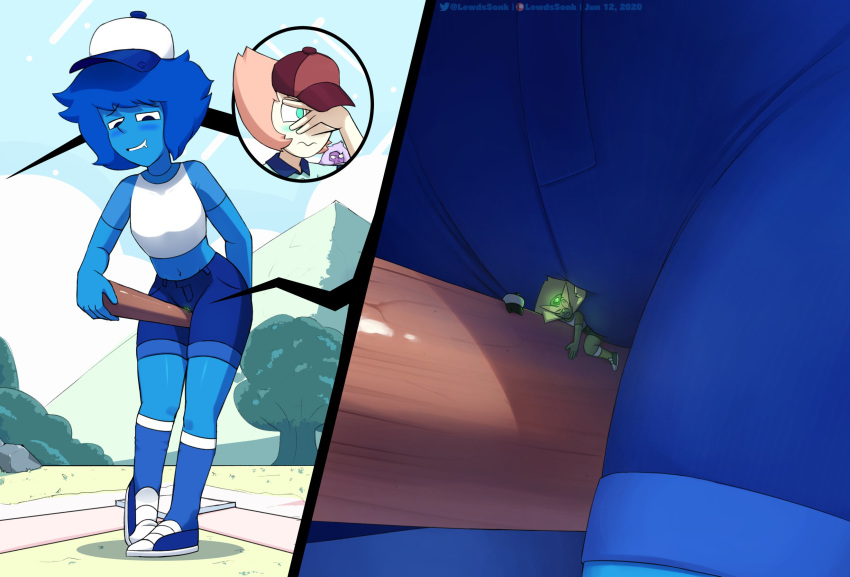 2020 alien alien_humanoid baseball_bat baseball_cap baseball_uniform bat_(object) blue_body blue_skin blush bottomwear cartoon_network clothing female footwear gem_(species) green_body green_skin hat headgear headwear hi_res humanoid lapis_lazuli_(steven_universe) legwear masturbation micro one_eye_obstructed patreon pearl_(steven_universe) peridot_(steven_universe) shoes shorts socks sonikku_(artist) sportswear steven_universe twitter uniform