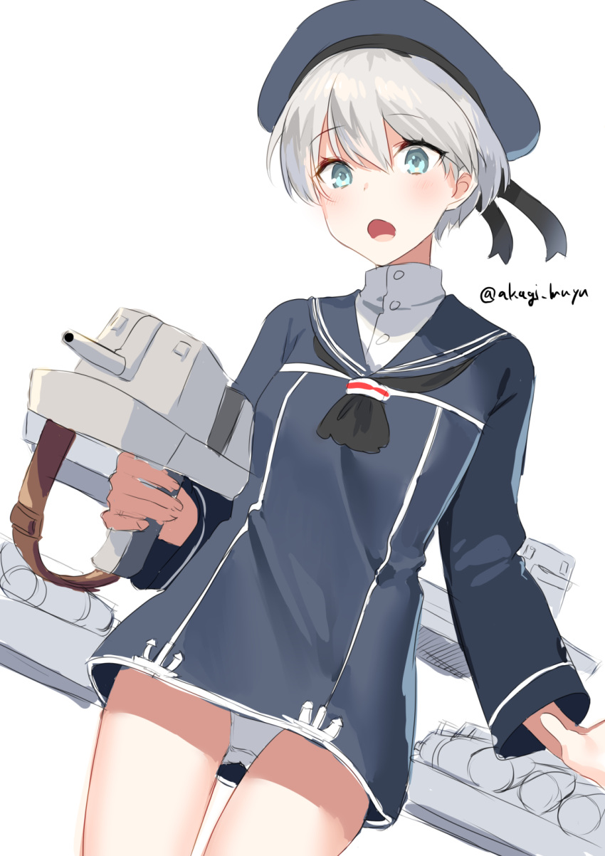 1girl adapted_turret blue_dress blue_eyes blue_headwear cannon clothes_writing dress hat highres kantai_collection looking_at_viewer machinery mizuki_eiru_(akagi_kurage) panties pantyshot sailor_dress sailor_hat short_hair silver_hair simple_background solo turret twitter_username underwear white_background white_panties z1_leberecht_maass_(kantai_collection)