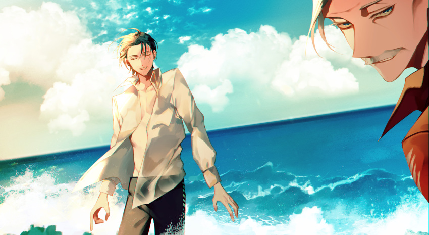 2boys absurdres albino_(a1b1n0623) bangs blue_eyes chest closed_eyes cloud cloudy_sky collarbone day facial_hair fate/grand_order fate_(series) grey_hair hair_between_eyes highres james_moriarty_(fate/grand_order) long_sleeves looking_at_viewer male_focus multiple_boys mustache open_clothes open_mouth open_shirt orange_shirt outdoors pants see-through sherlock_holmes_(fate/grand_order) shirt sky smile smirk sunlight swimsuit upper_body water wet wet_clothes