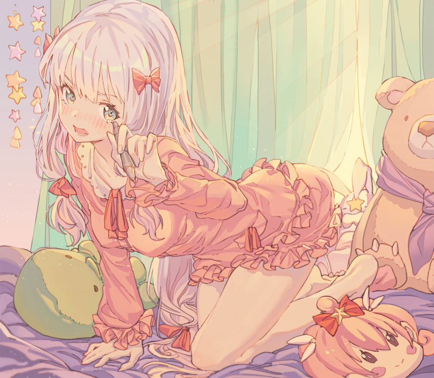 1girl arm_support barefoot bed blue_eyes blush bow breasts collarbone covered_nipples eromanga_sensei frilled_shorts frills hair_bow hair_ornament highres hong izumi_sagiri kneeling long_hair looking_at_viewer mask mask_removed on_bed open_mouth shorts silver_hair small_breasts solo star_(symbol) stuffed_animal stuffed_bunny stuffed_octopus stuffed_toy stylus teardrop teddy_bear