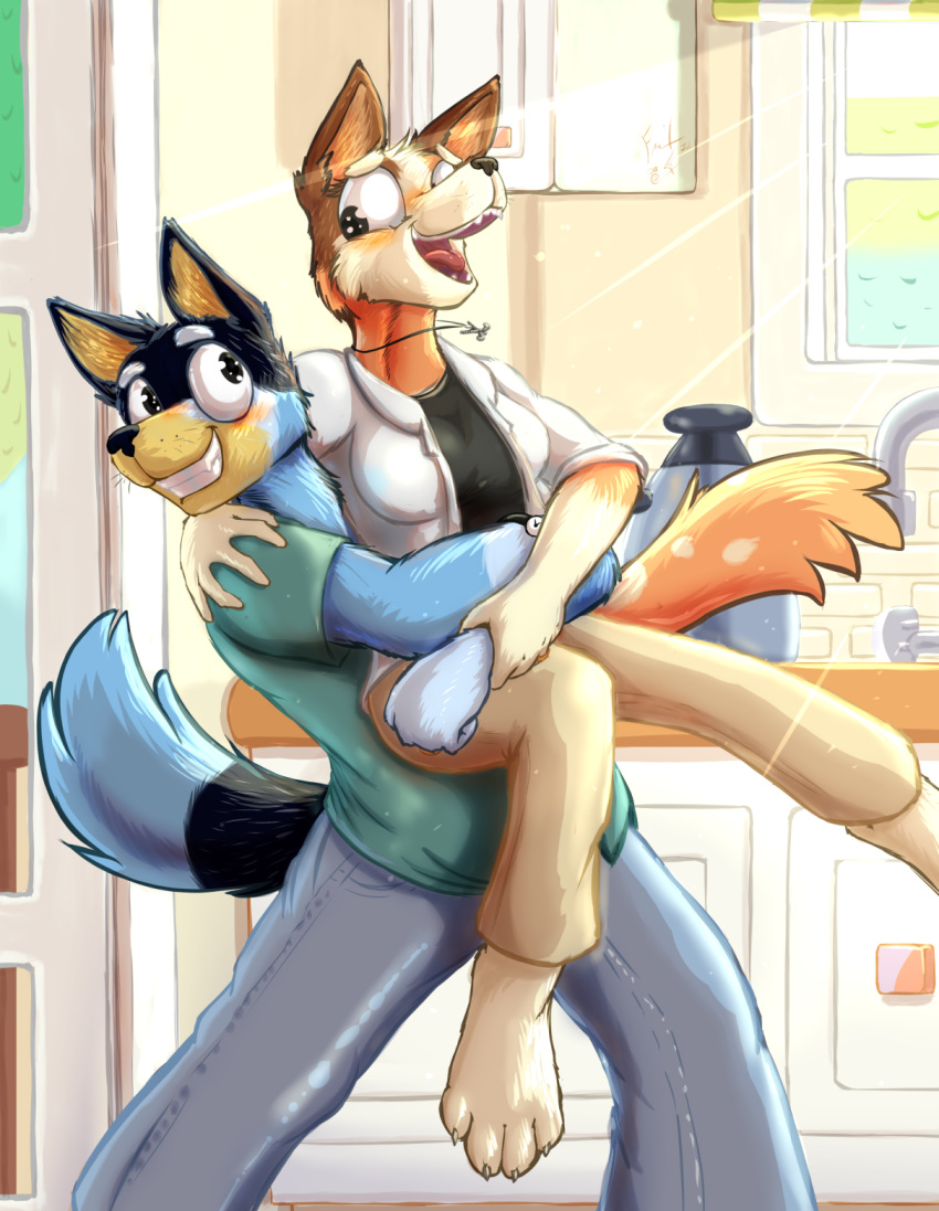 bandit_(bluey) bluey_(show) blush chilli_(bluey) father frist44 hi_res hug husband_and_wife jewelry kitchen married_couple mother necklace parent smile