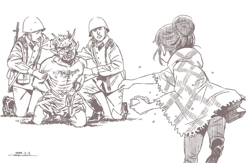 1girl 3boys brown_theme cloak dated gun hair_bun helmet holding horikou military military_jacket military_uniform monochrome monster multiple_boys oni real_life rifle shima_rin signature simple_background soldier soviet soviet_army soviet_union throwing uniform weapon white_background yurucamp